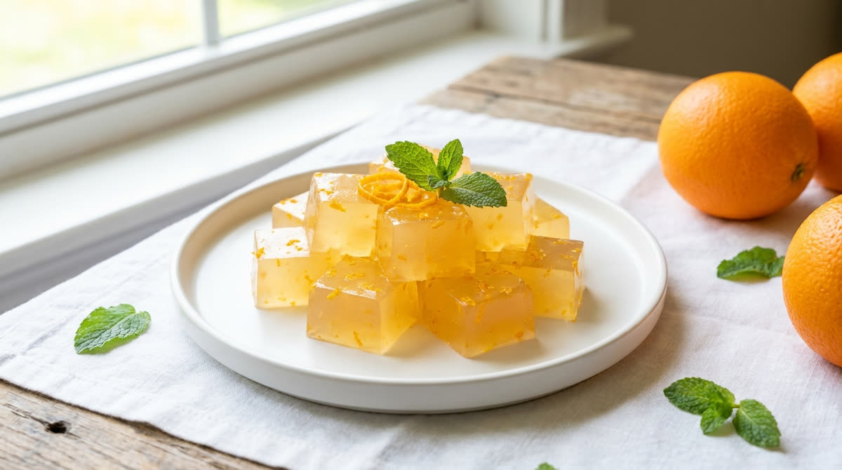 Fresh orange citrus homemade gelatin cubes with orange zest and mint