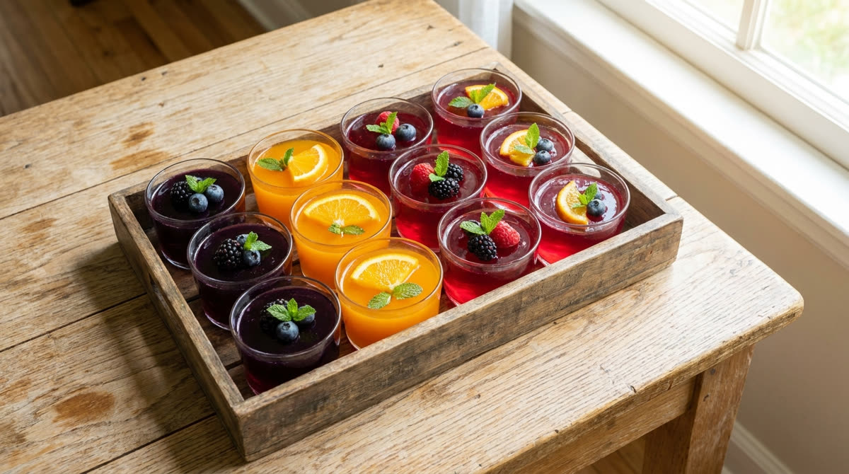 A tray of colorful homemade fruit gelatin cups