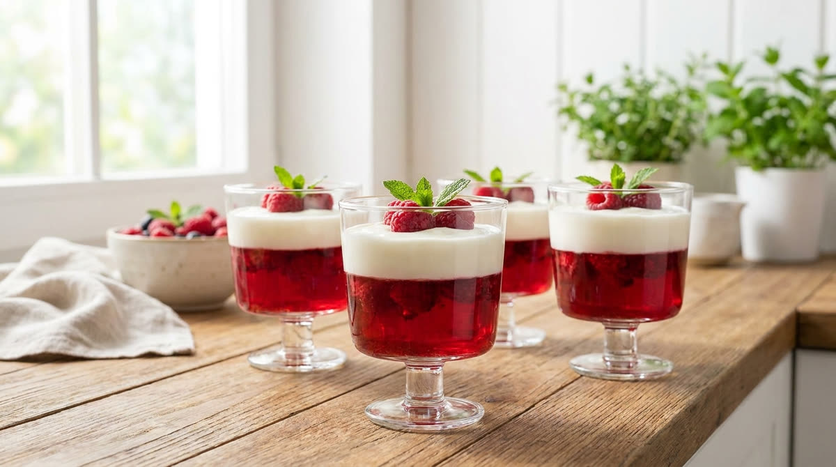 Layered yogurt and berry homemade gelatin cups topped with fresh raspberries